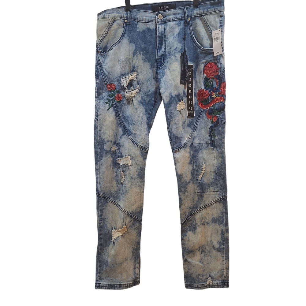 Reason Brand Distressed Embroidered Dragon Rose Design Men's Size 42 - NEW